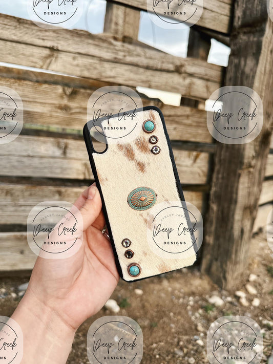 Custom Phone Case - Turquoise Concho Tan/White Cowhide
