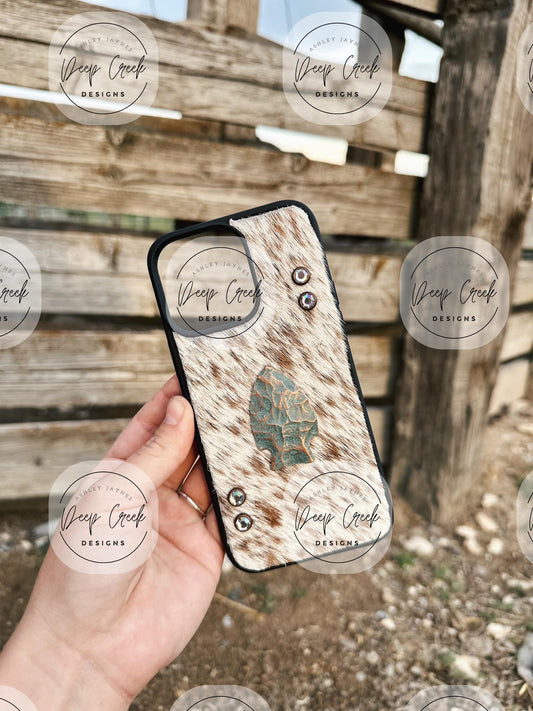 Custom Phone Case - Arrowhead Concho Brown/White Cowhide