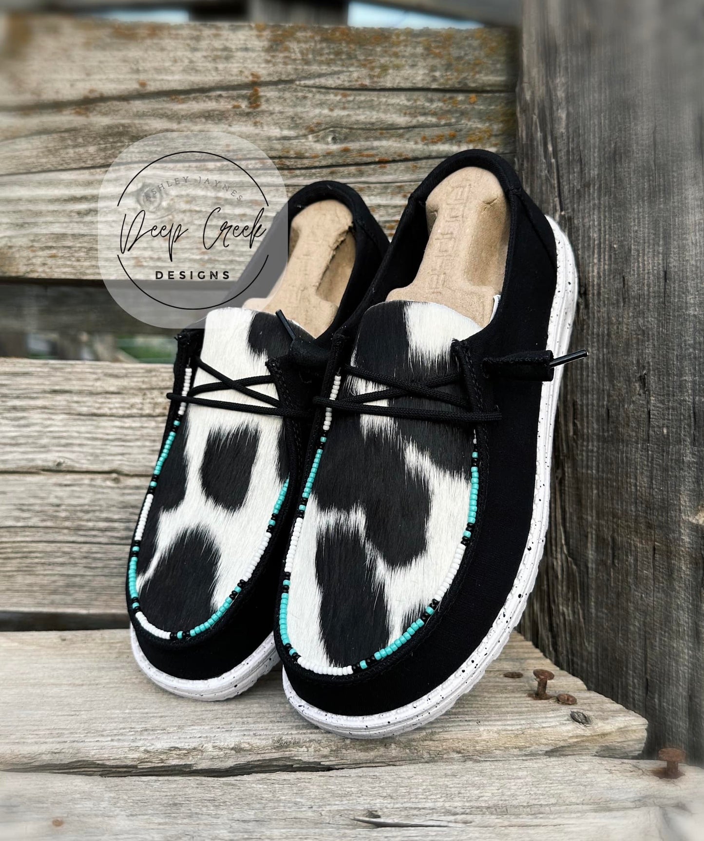 Slub Black Canvas - Black/White Cowhide - Turquoise/White beading