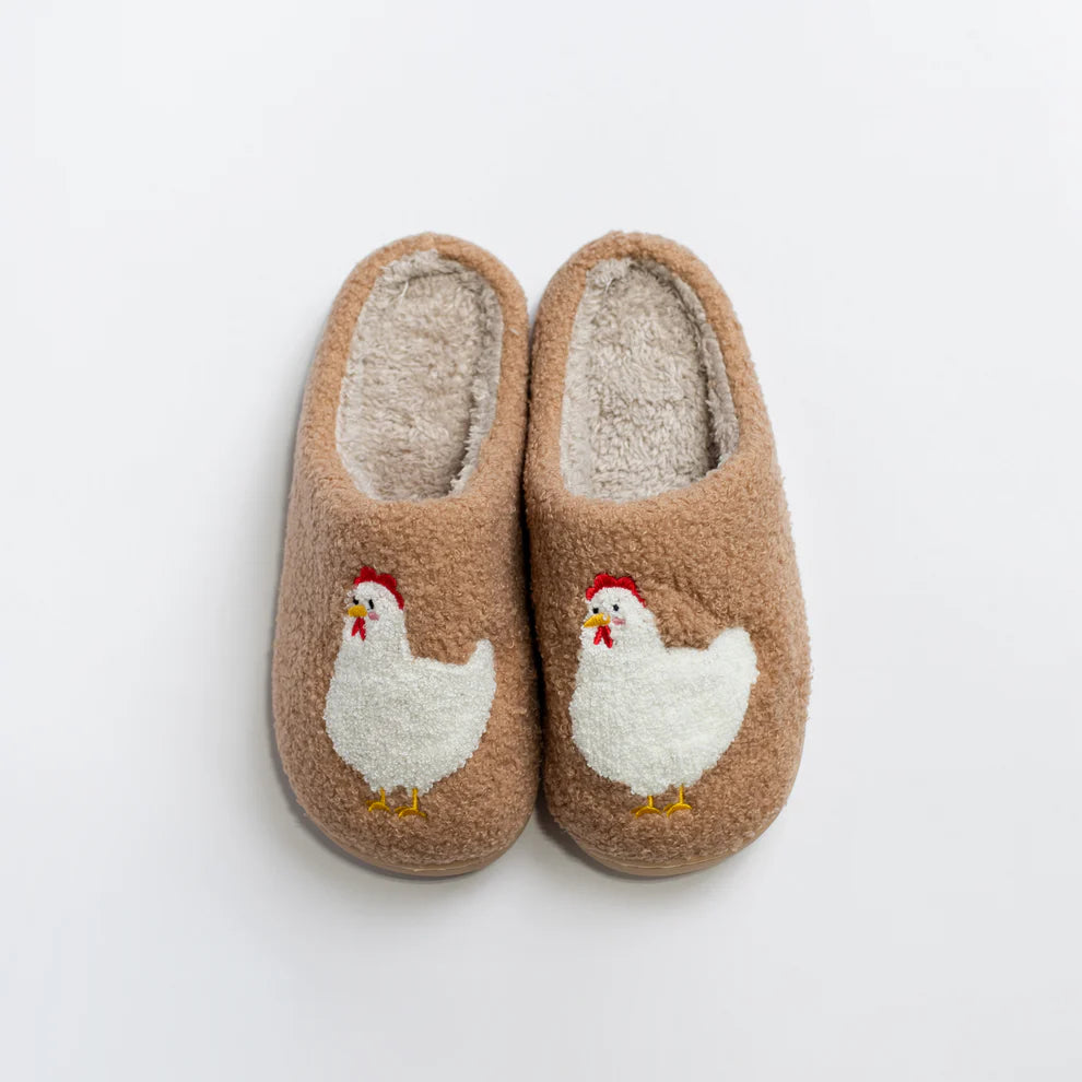 Brown Fuzzy Chicken Slippers - Adult