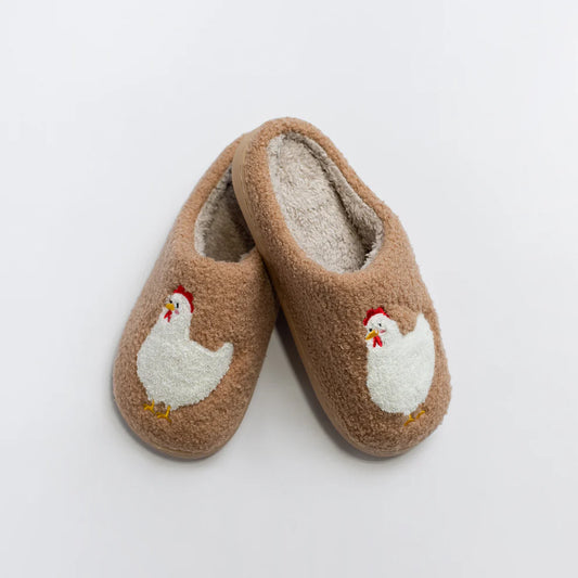 Brown Fuzzy Chicken Slippers - Adult