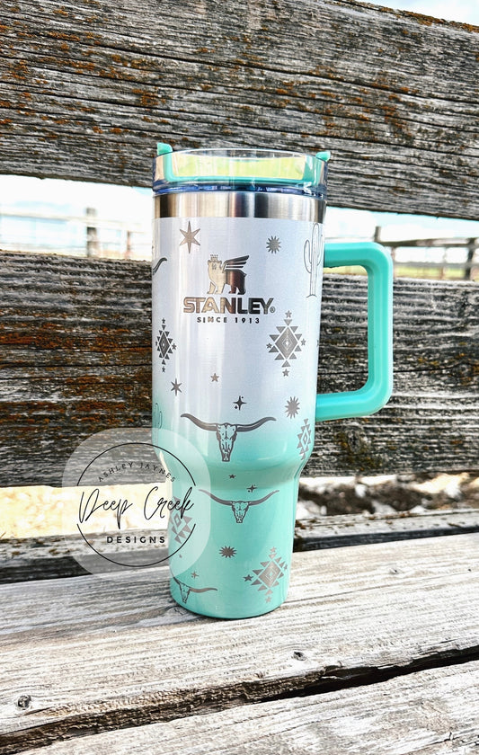 40 oz Western engraved tumbler -turquoise/ombre