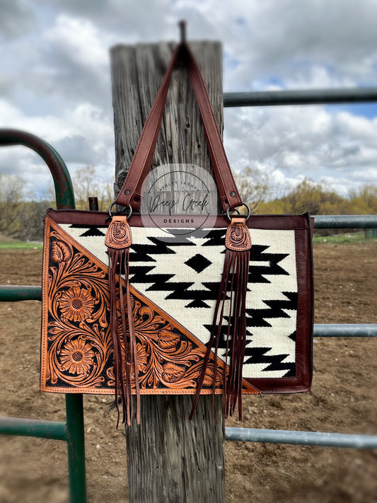 Black/White Saddle Blanket Tote Bag w/ tooled leather